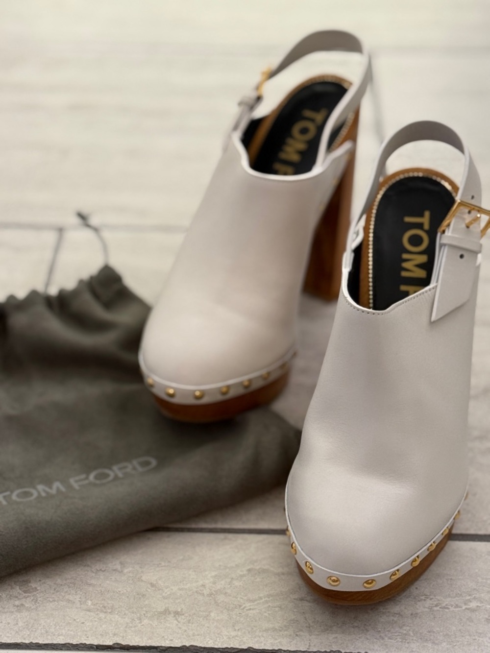 Tom Ford White Leather Platform Slingback Clogs | Gold Stud Trim | size 39.5 - Picture 10 of 13